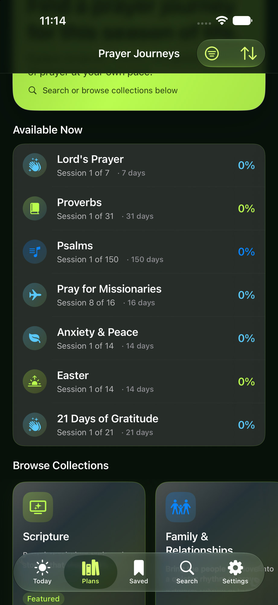 LetUsPray Prayer Journeys list on iPhone, including the Lord’s Prayer, Proverbs, and Psalms.
