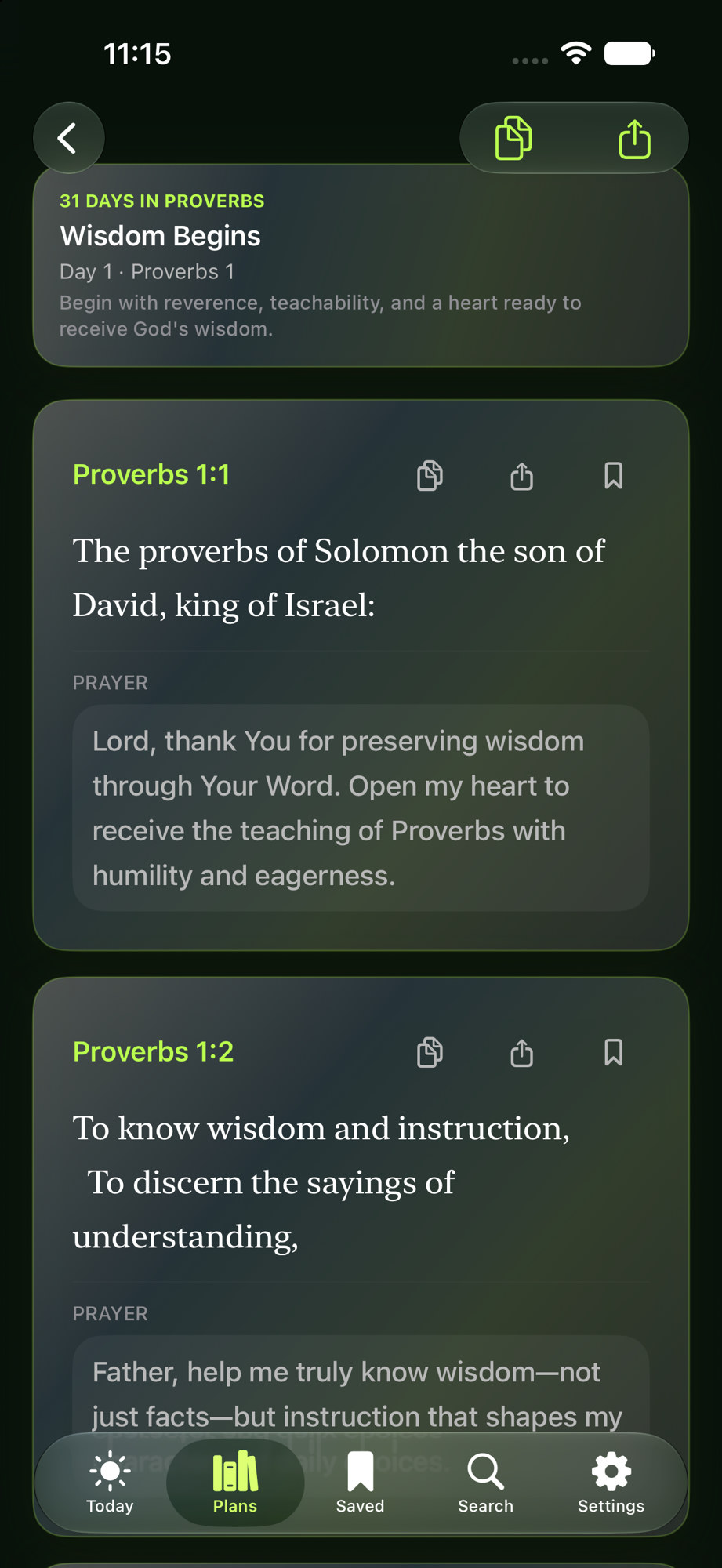 LetUsPray prayer screen on iPhone, showing Scripture followed by a prayer.