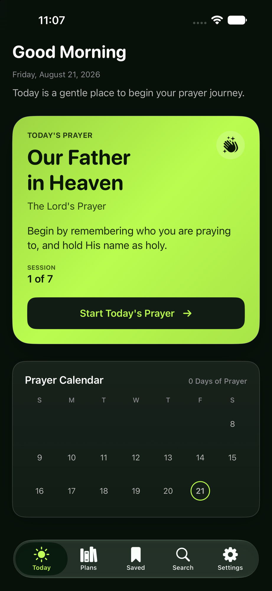 LetUsPray Today screen on iPhone, with today’s prayer card and a prayer calendar.