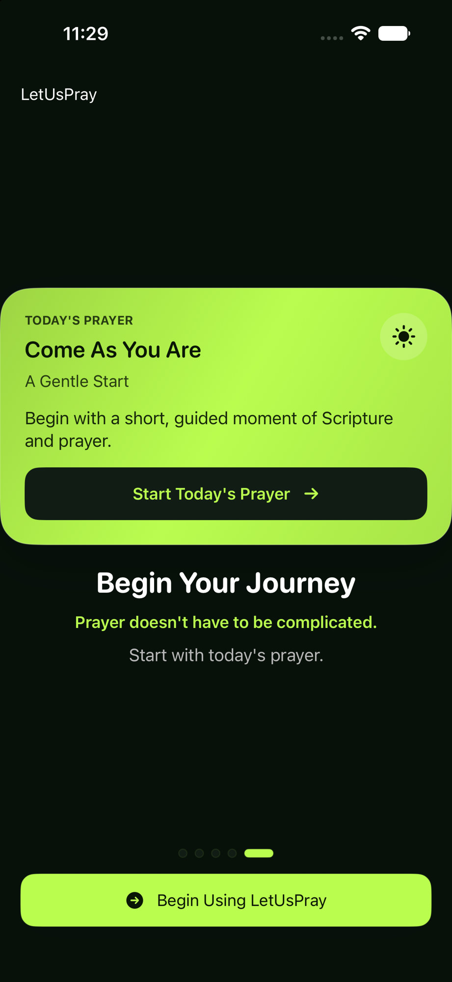 LetUsPray welcome screen on iPhone inviting you to begin using the app.